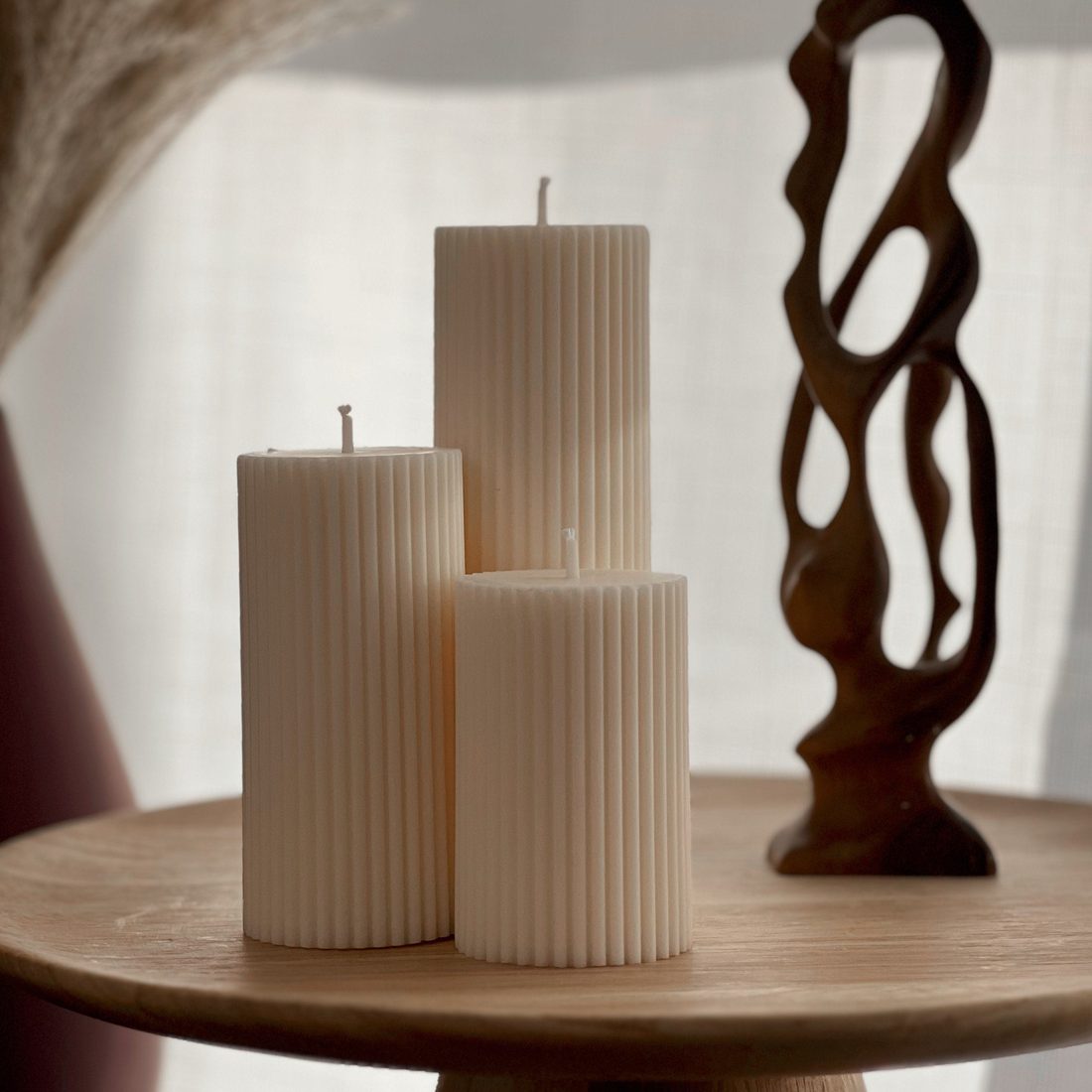 Soy Wax Ribbed Pillar Candle Set | Unscented Decorative