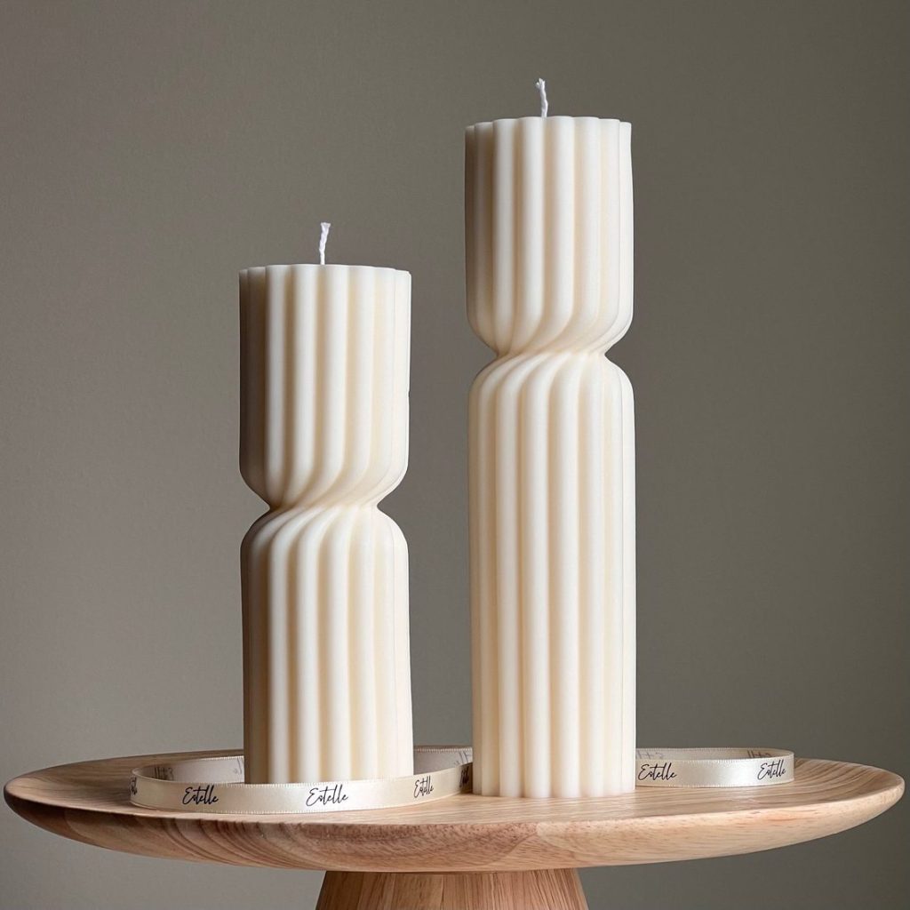 Set of 2 Ribbed Hourglass Pillar Candle Set: Sculptural Soy Wax