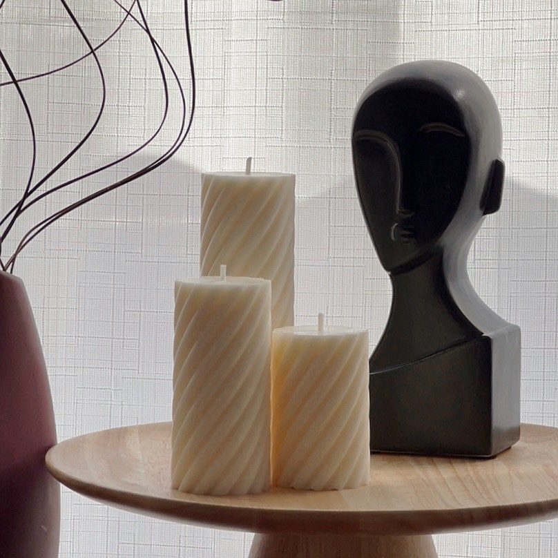 Soy Wax Ribbed Swirl Pillar Candle Set | Unscented