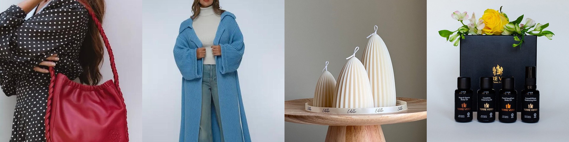 Red leather bag, blue long cardigan, conical candles and skincare travel box