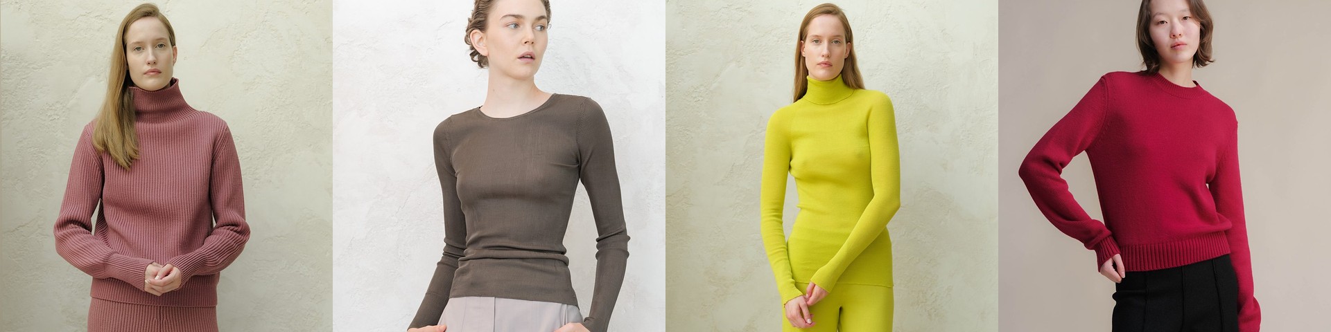 Rose merino high neck, silk ribbed crewneck, lime ribbed turtleneck and crimson cashmere crewneck