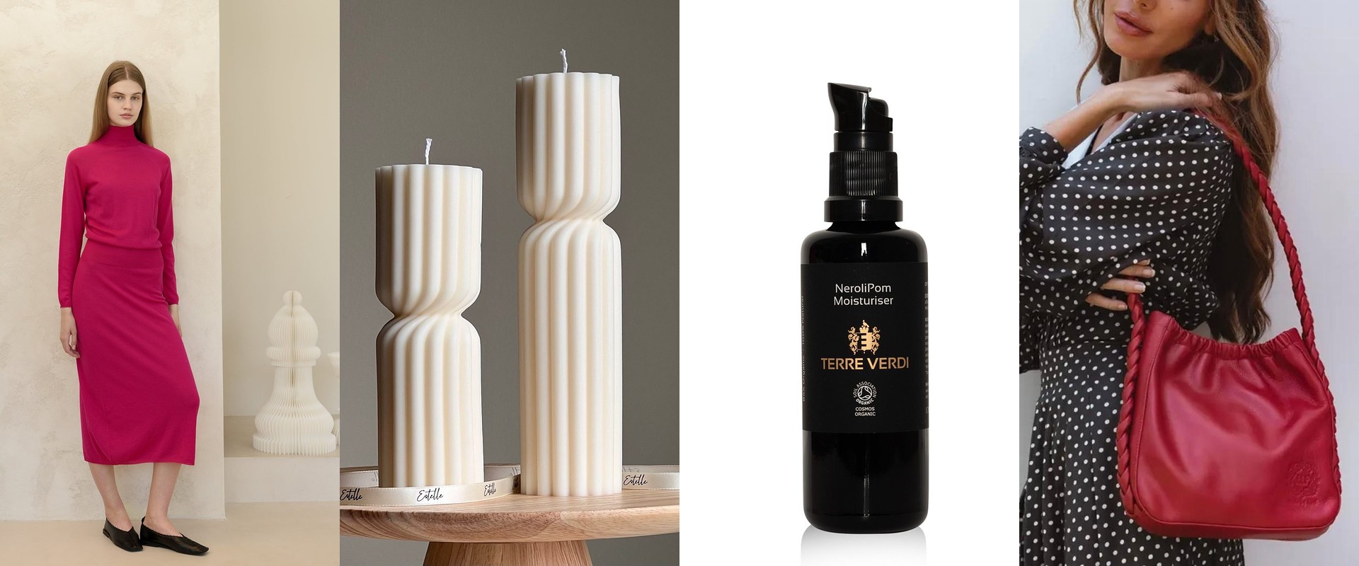 Knitwear dress, candle set, NeroliPom skincare bottle and red leather bag