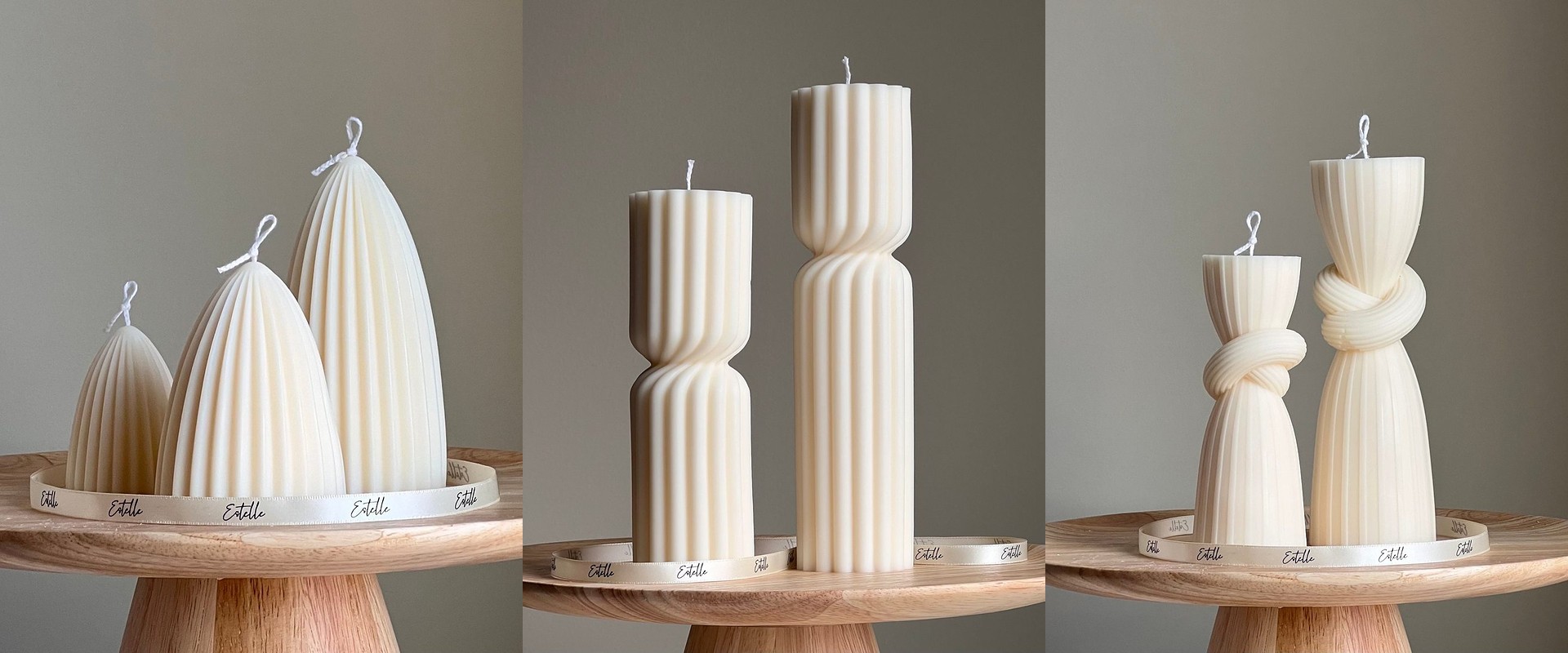 Conical, hourglass and knot ribbed soy candles on a wooden stand