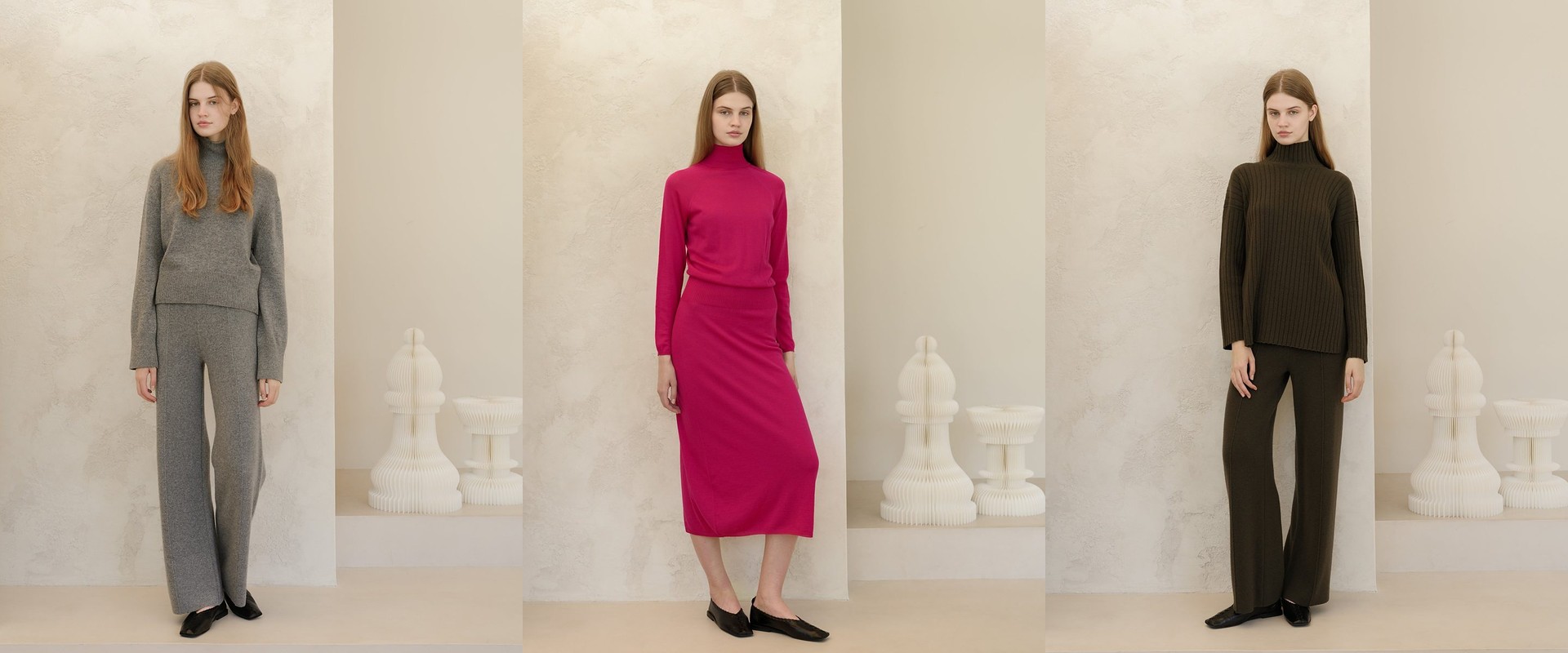 Grey cashmere set, fuchsia merino dress and olive ribbed set